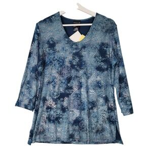 Citiknit V-Neck Top Womens‎ Medium Blue Silver Metallic Paisley 3/4 Sleeve NEW